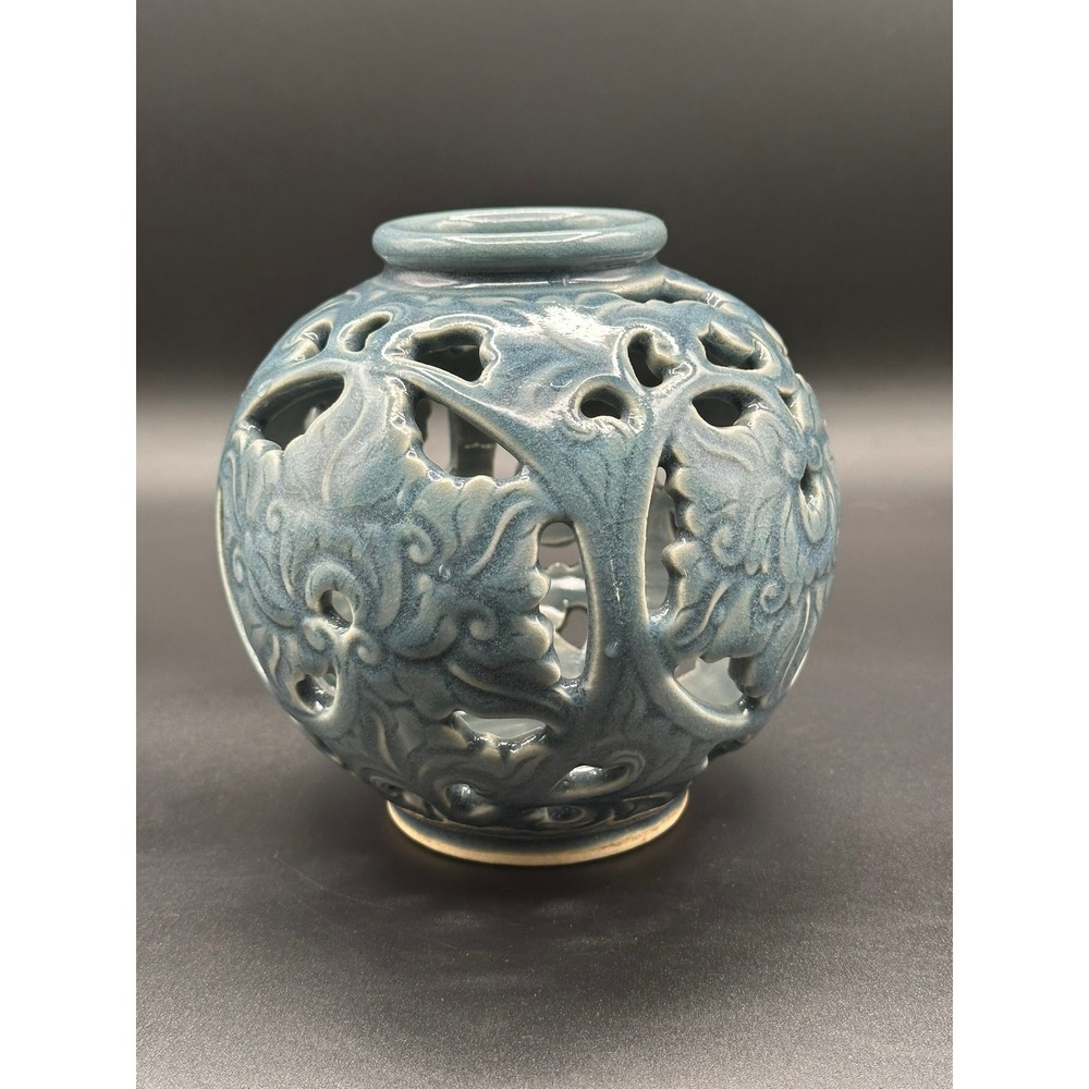 Baan Celadon Blue Ceramic Reticulated Vase Thailand Hand Carved 6x6 Vintage